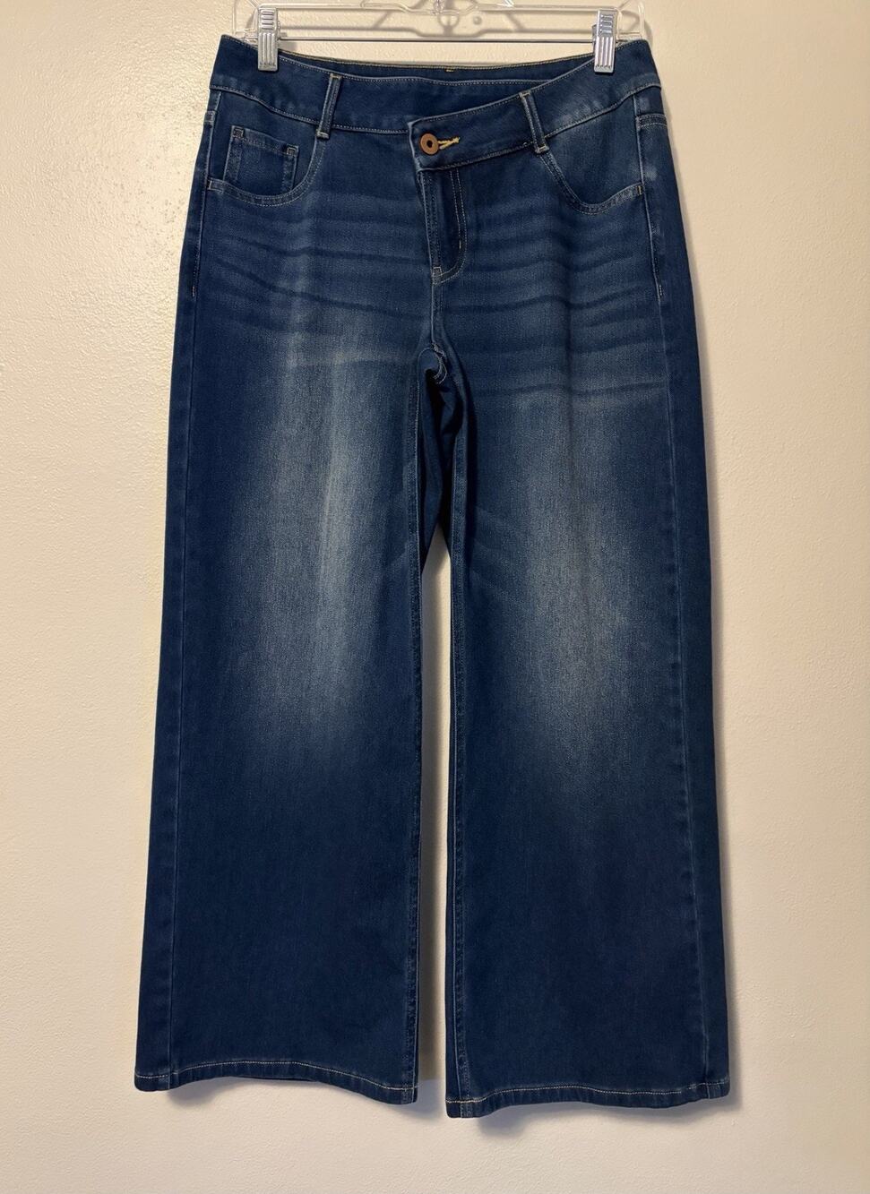 Halara Wide Leg Jeans Small Petite Blue Flex Asymmetric Front Baggy Hippie Boho